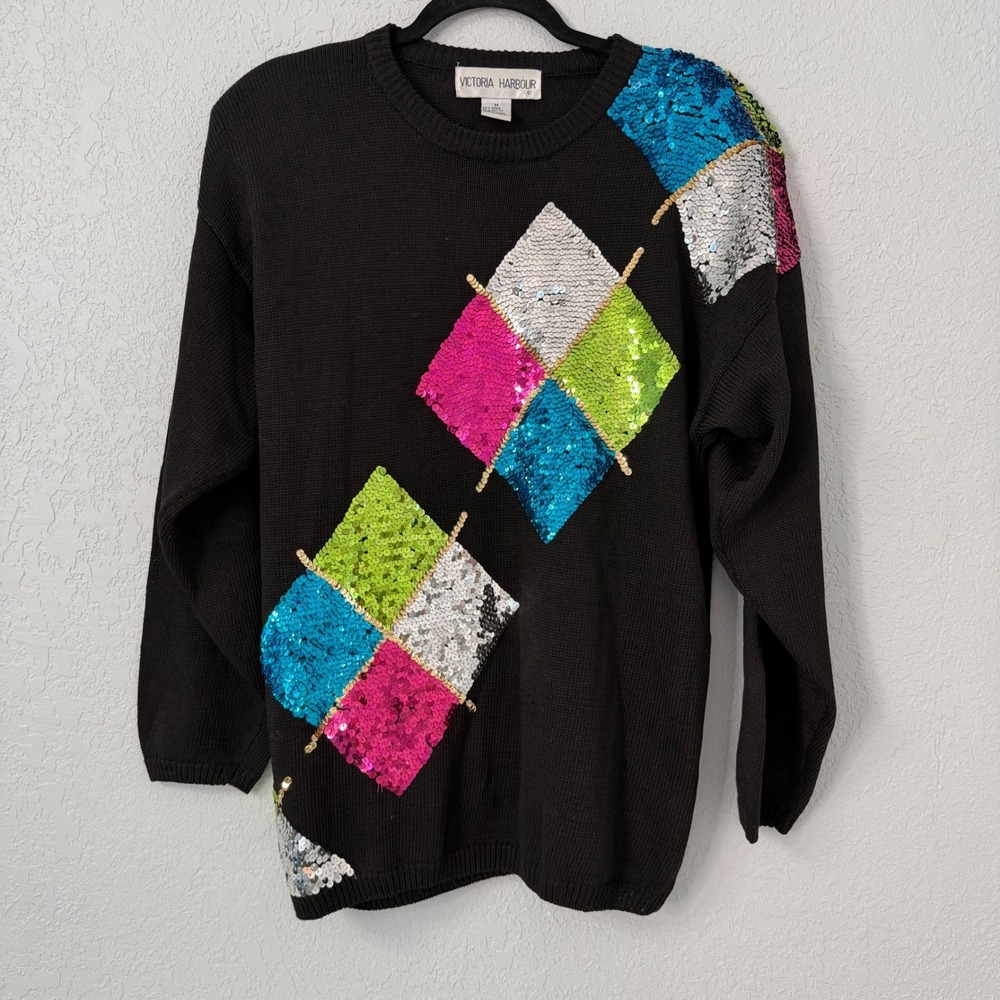 Victoria Harbour Vintage‎ Black Sequin Diamond Geometric Sweater Womens Medium